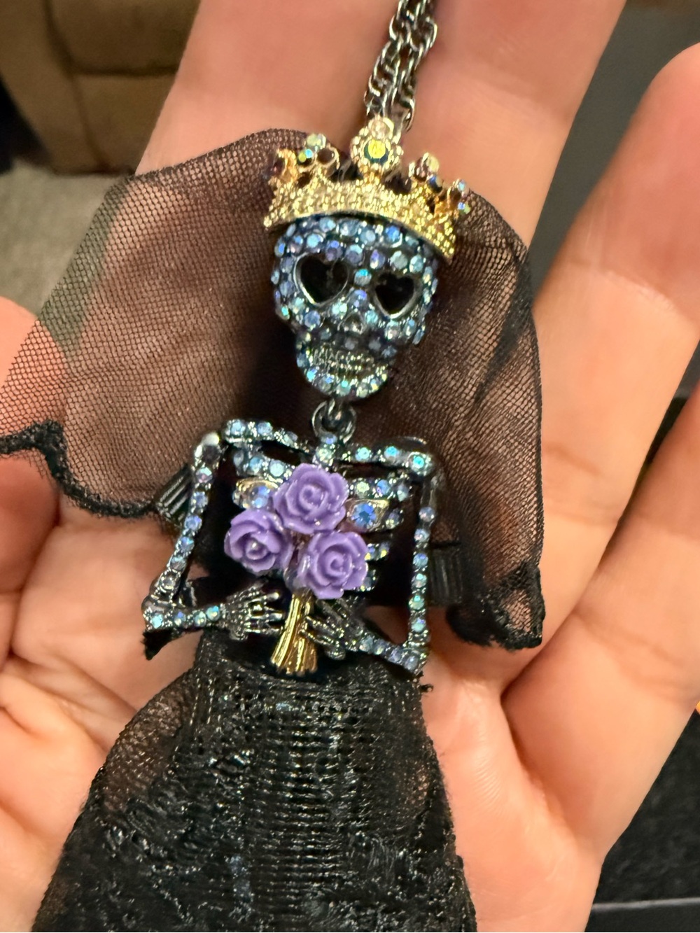 Betsey Johnson Black Skeleton Bride Necklace with Purple Roses and Gold Crown - Picture 4 of 13